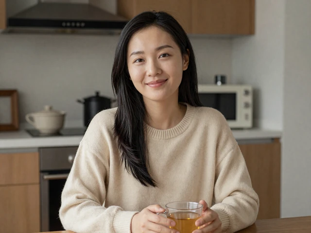 Asian woman enjoying tea at home in a cozy kitchen wearing a casual sweater