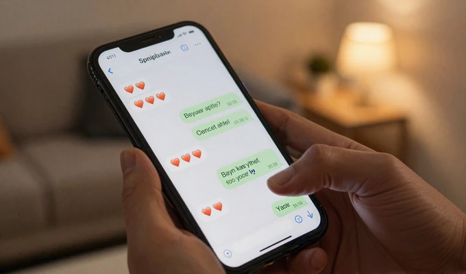 Smartphone showing a dating chat conversation in a cozy evening home setting