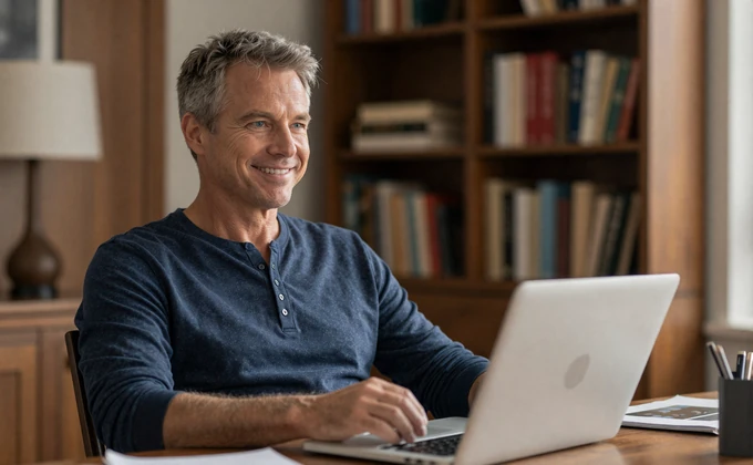 American man in his fifties browsing SakuraDate on a laptop at his home desk with warm lighting