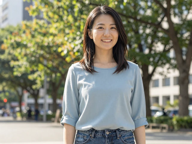 Young Asian woman smiling in a sunlit city park wearing casual everyday clothing