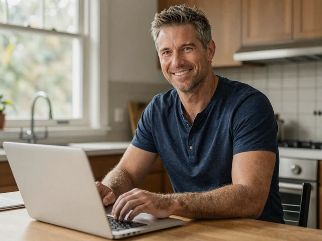 Man in his fifties setting up a dating profile on his laptop at home in natural daylight