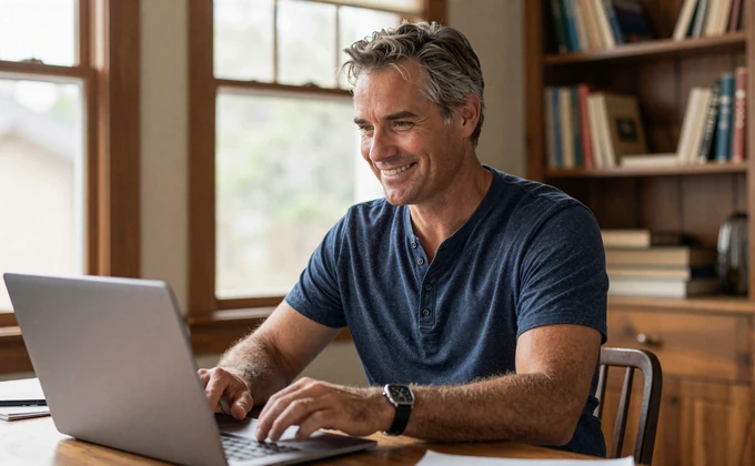 American man in his late 50s browsing an online dating platform on his laptop at a cozy home desk