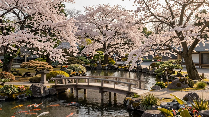 Tranquil Japanese garden with cherry blossom trees and a wooden bridge symbolizing cross-cultural connection