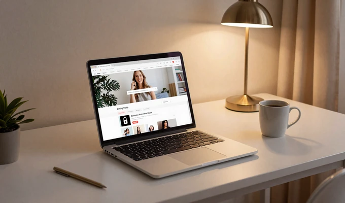 Secure laptop workspace showing online dating platform with privacy padlock icon in browser